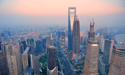 Shanghai aerial view with urban architecture and sunset